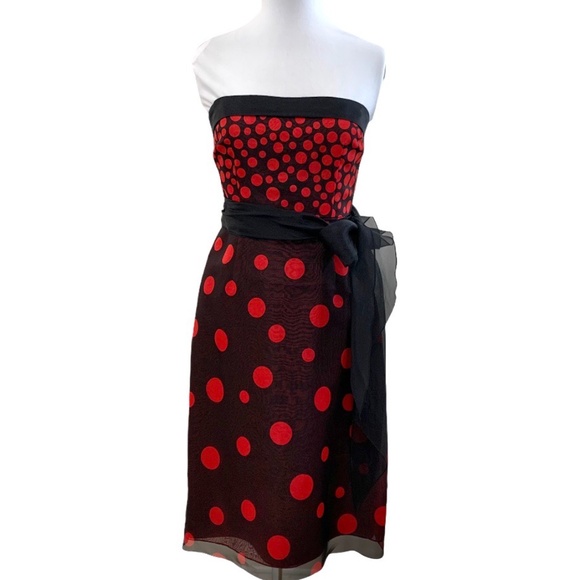 Kay Unger Black Red Polka Dot Strapless Silk Corset Dress Mini